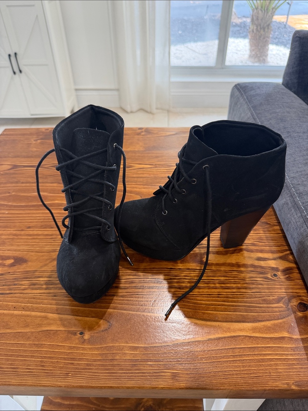 Soda Black Lace-Up Suede Ankle Boots with High Block Heel